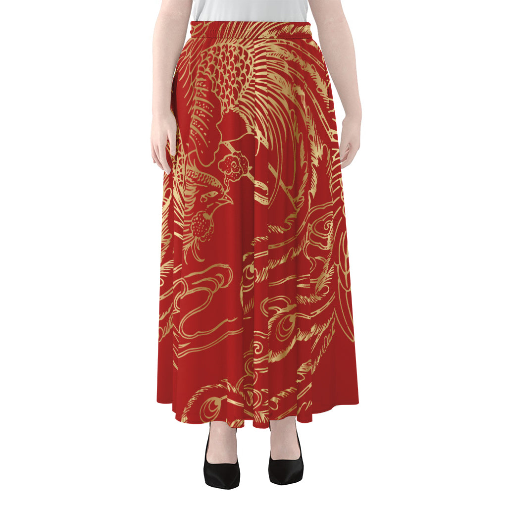 Chinese Phoenix Print Chiffon Maxi Skirt