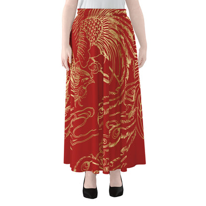 Chinese Phoenix Print Chiffon Maxi Skirt