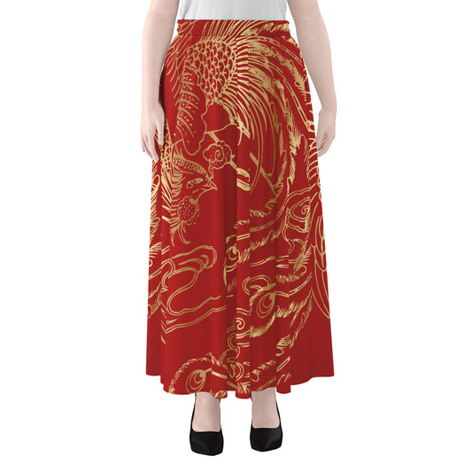 Chinese Phoenix Print Chiffon Maxi Skirt