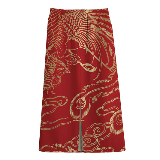 Chinese Phoenix Print Cotton Front Slit Maxi Skirt