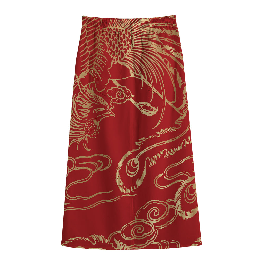 Chinese Phoenix Print Cotton Front Slit Maxi Skirt