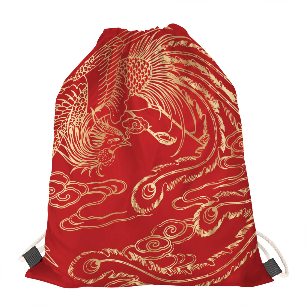 Chinese Phoenix Print Drawstring Bag