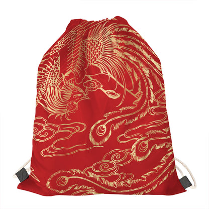 Chinese Phoenix Print Drawstring Bag