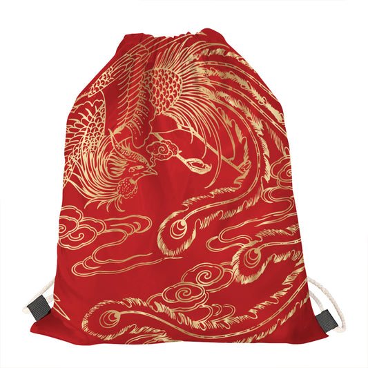 Chinese Phoenix Print Drawstring Bag