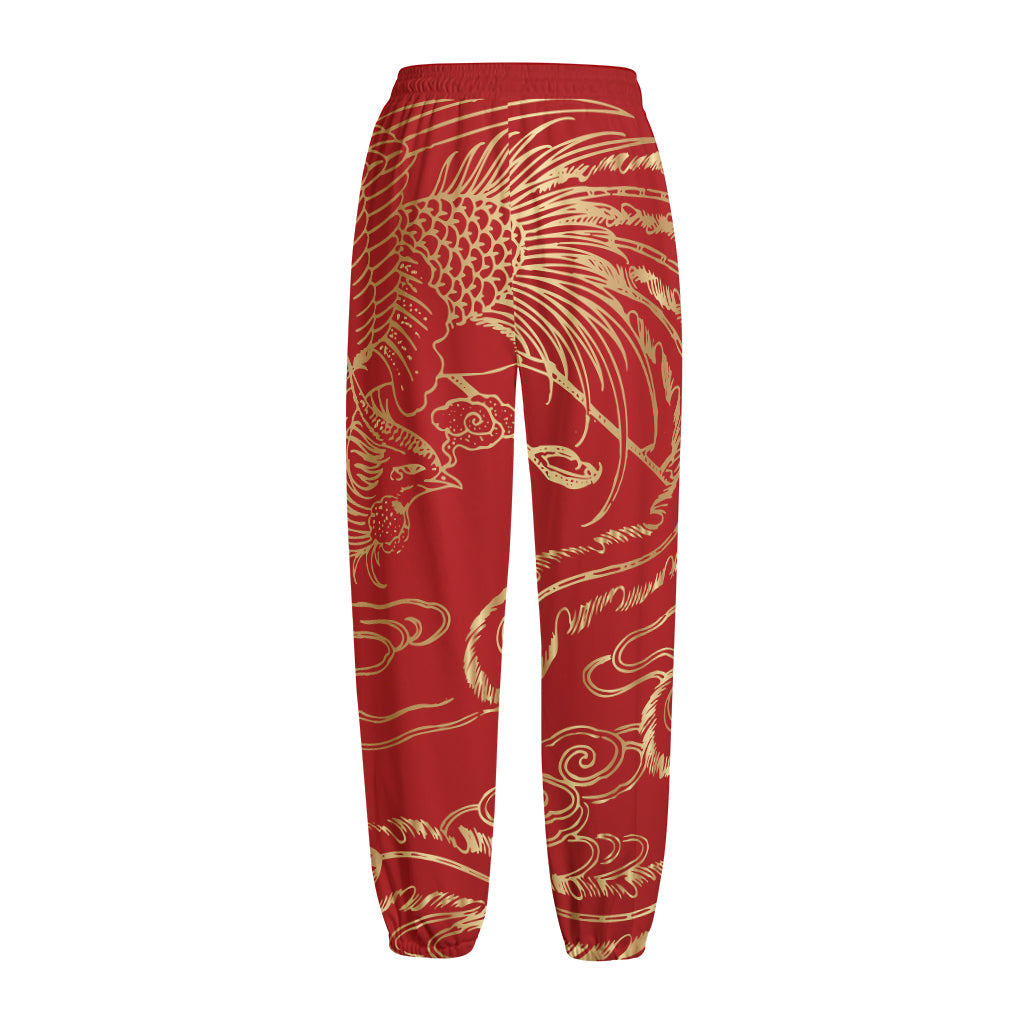 Chinese Phoenix Print Fleece Lined Knit Pants