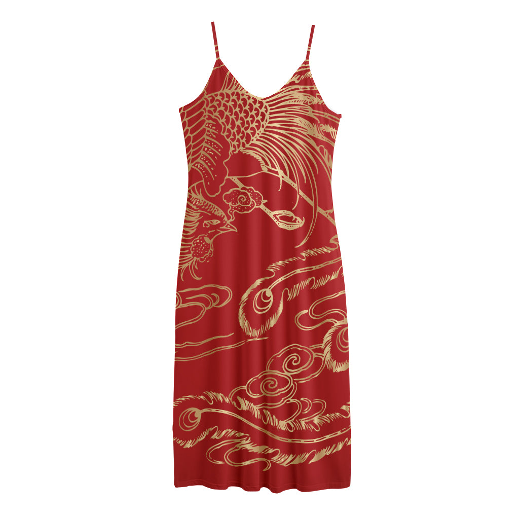 Chinese Phoenix Print Jersey Midi Cami Dress