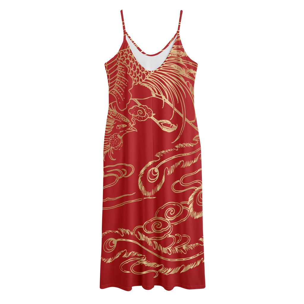 Chinese Phoenix Print Jersey Midi Cami Dress
