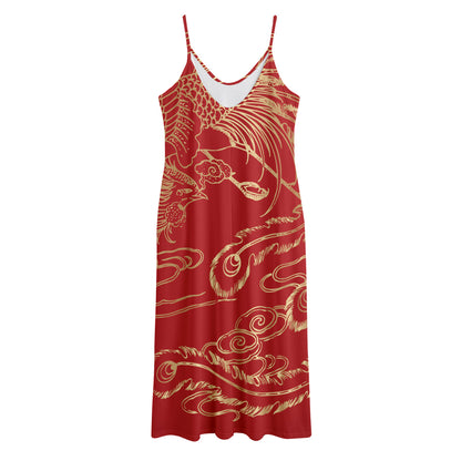 Chinese Phoenix Print Jersey Midi Cami Dress