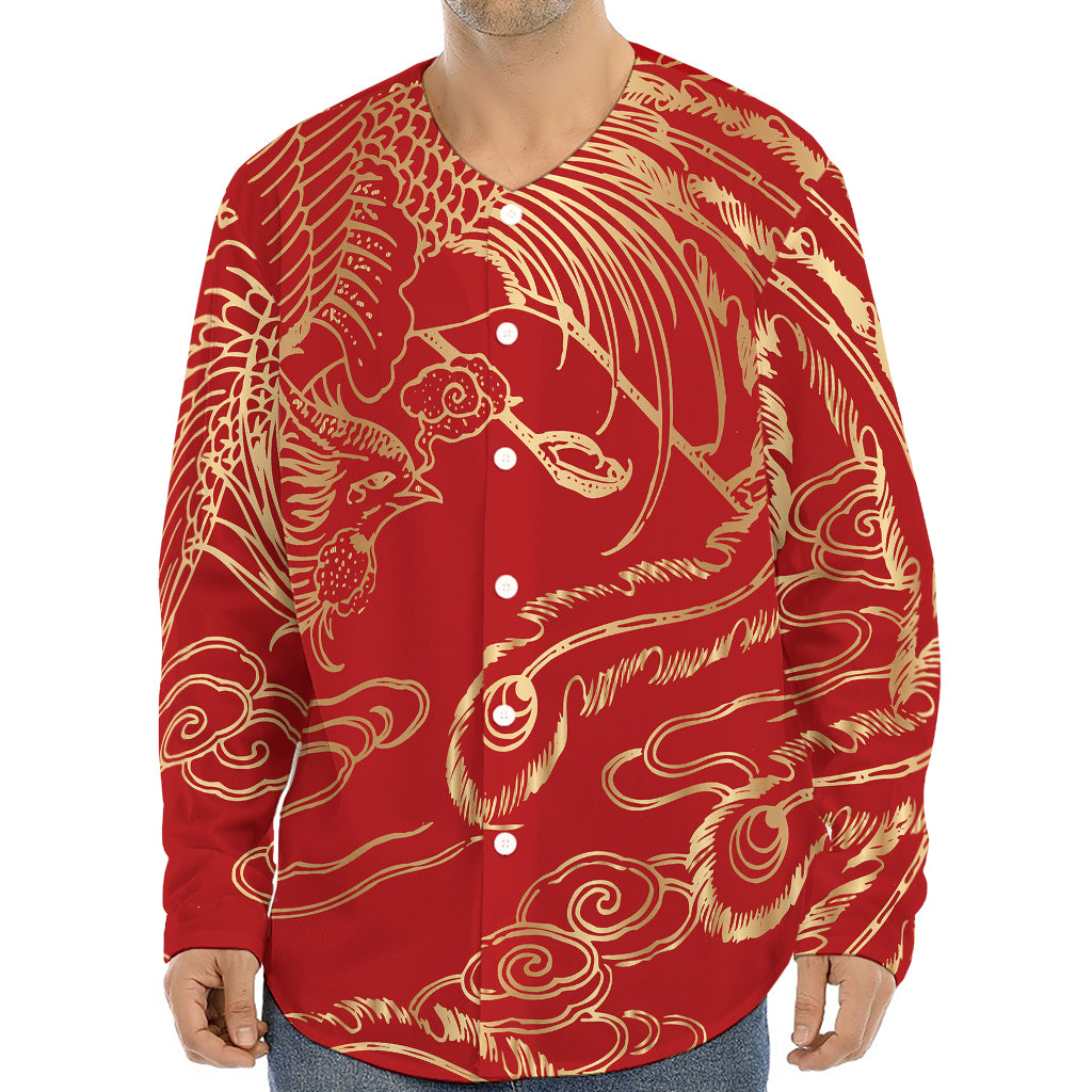 Chinese Phoenix Print Long Sleeve Baseball Jersey
