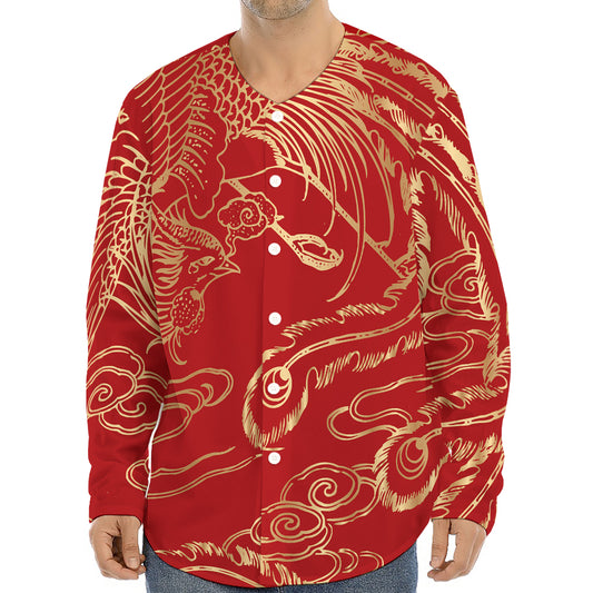 Chinese Phoenix Print Long Sleeve Baseball Jersey