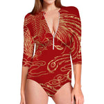 Chinese Phoenix Print Long Sleeve Swimsuit