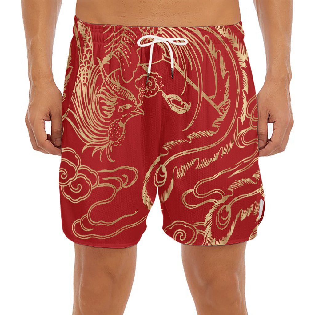Chinese Phoenix Print Men's Split Running Shorts