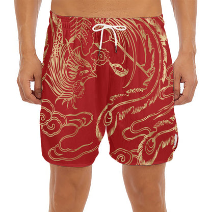Chinese Phoenix Print Men's Split Running Shorts