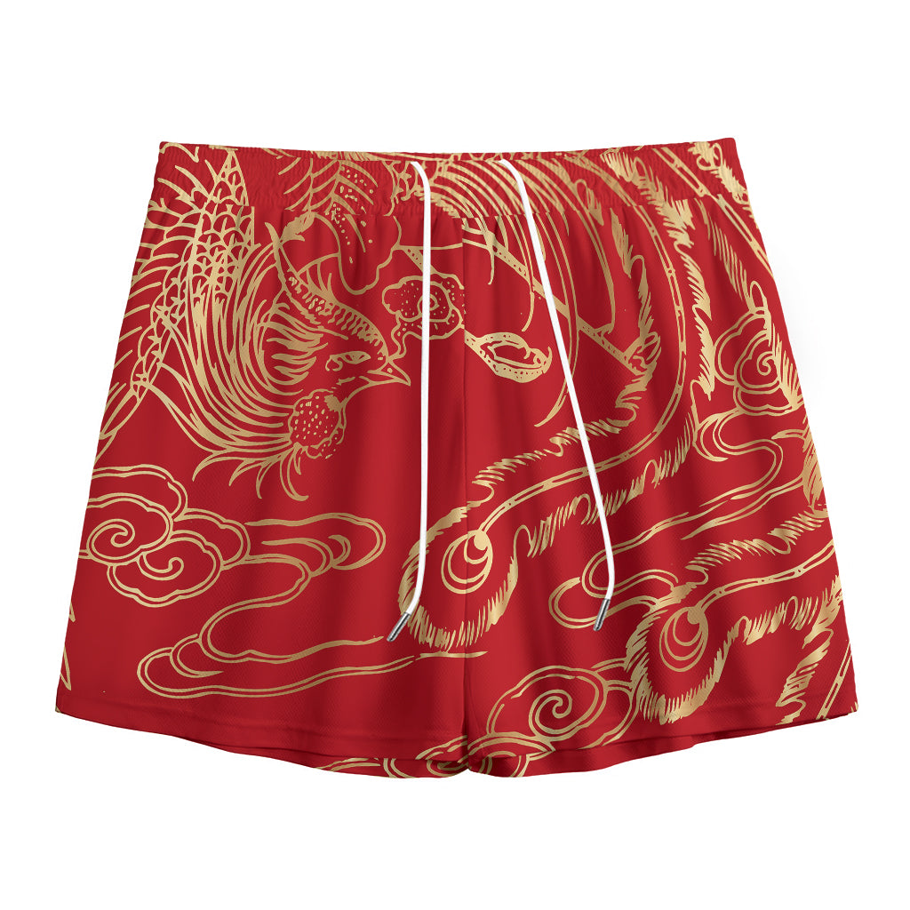 Chinese Phoenix Print Mesh Shorts