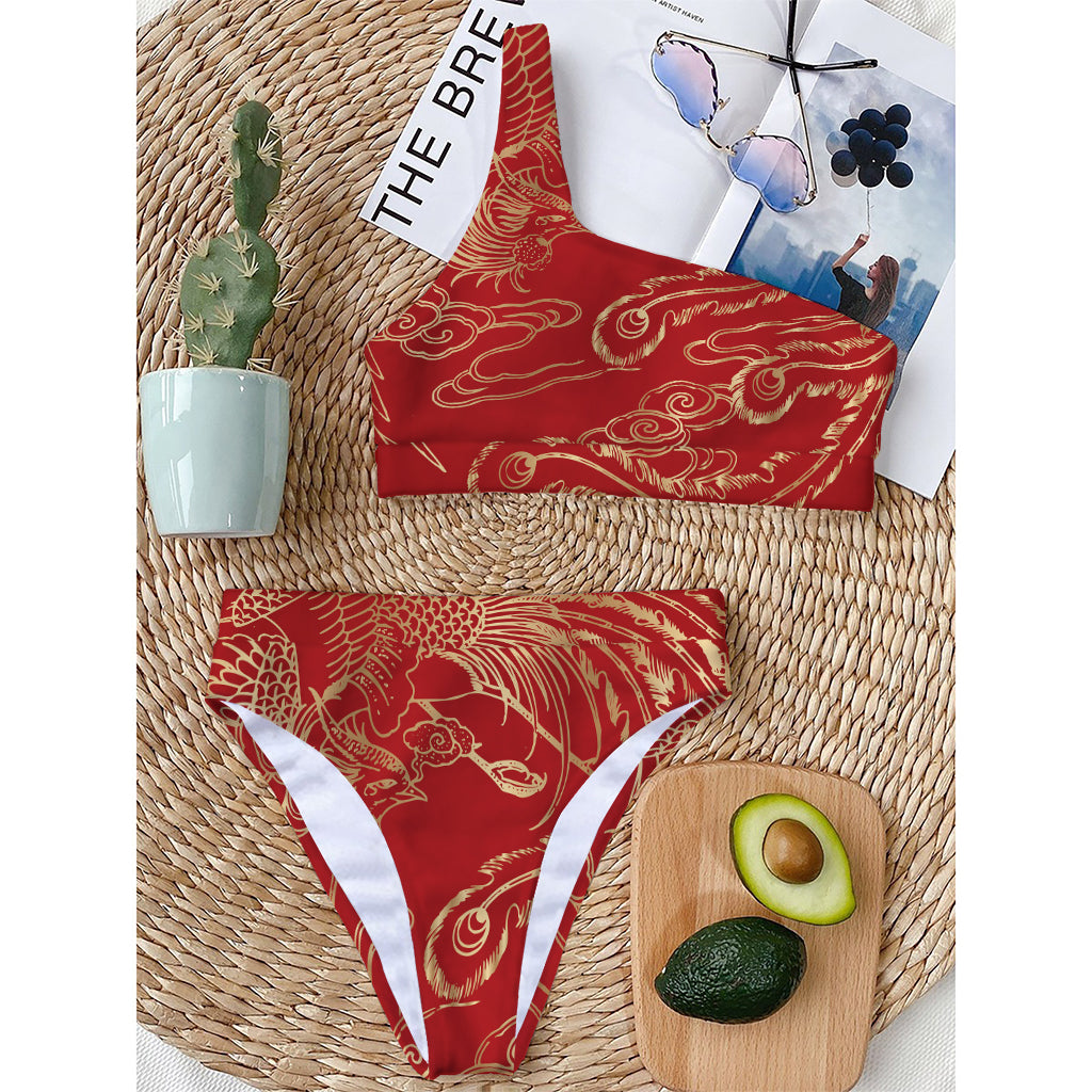 Chinese Phoenix Print One Shoulder Bikini Top
