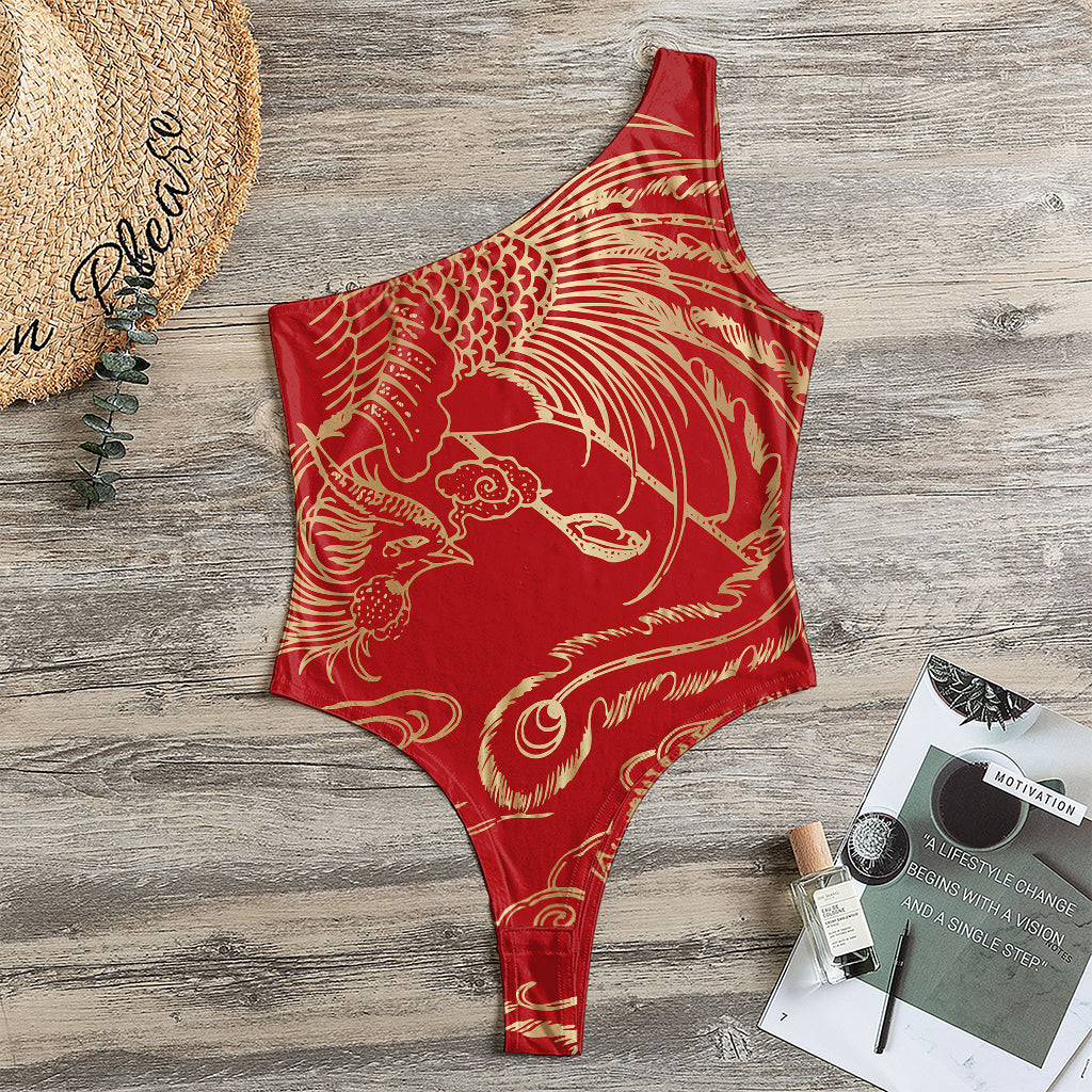 Chinese Phoenix Print One Shoulder Bodysuit