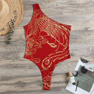 Chinese Phoenix Print One Shoulder Bodysuit