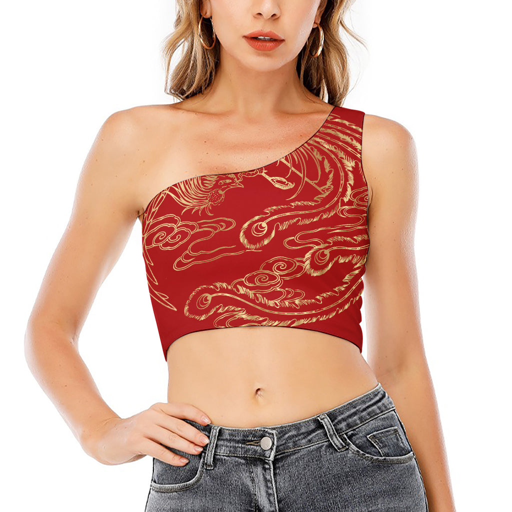 Chinese Phoenix Print One Shoulder Crop Top