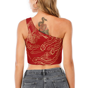 Chinese Phoenix Print One Shoulder Crop Top