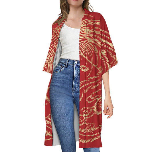 Chinese Phoenix Print Open Front Beach Cover Up