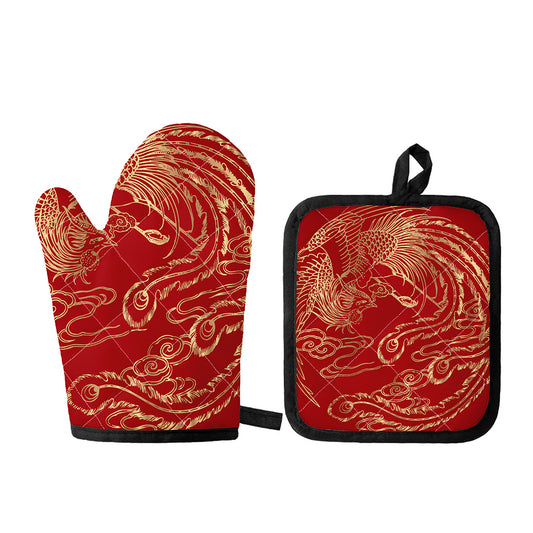 Chinese Phoenix Print Oven Mitt And Pot Holder Set