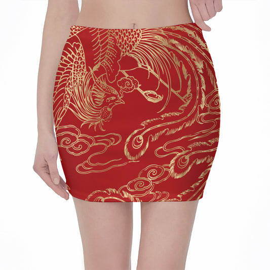 Chinese Phoenix Print Pencil Mini Skirt