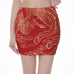 Chinese Phoenix Print Pencil Mini Skirt