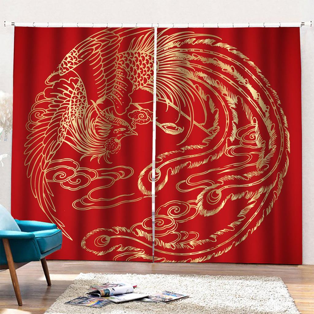 Chinese Phoenix Print Pencil Pleat Curtains