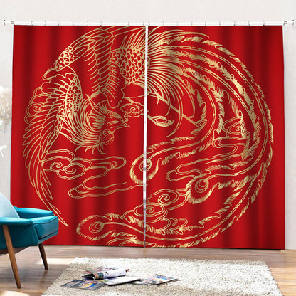 Chinese Phoenix Print Pencil Pleat Curtains