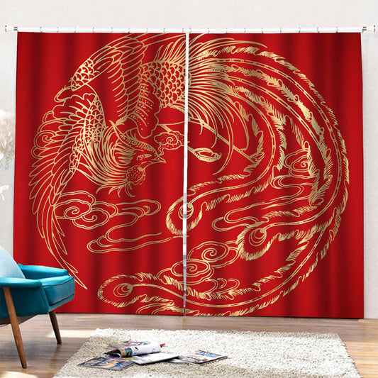Chinese Phoenix Print Pencil Pleat Curtains