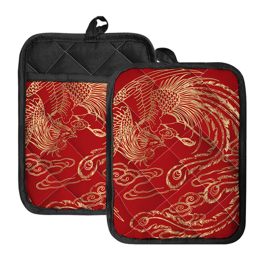 Chinese Phoenix Print Pot Holders With Pocket