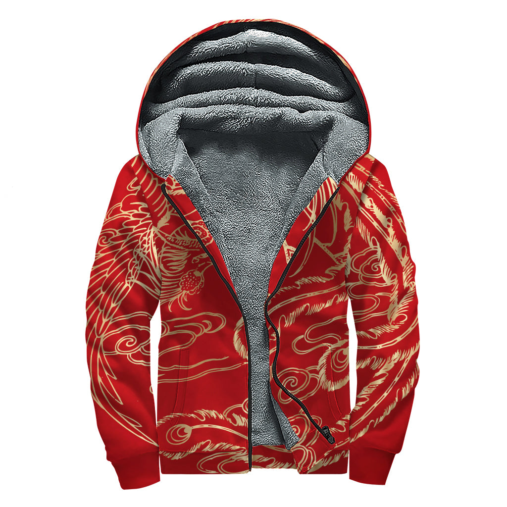 Chinese Phoenix Print Sherpa Lined Zip Up Hoodie