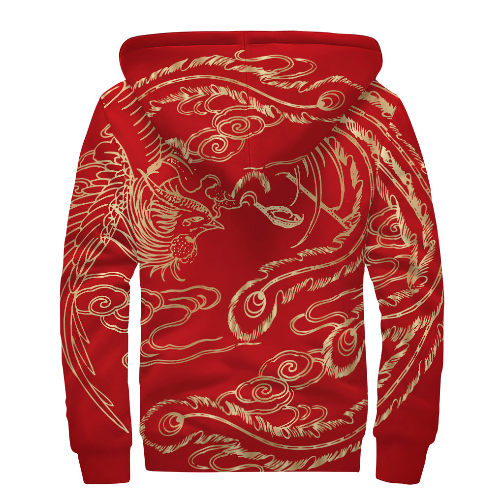 Chinese Phoenix Print Sherpa Lined Zip Up Hoodie