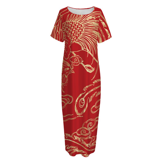 Chinese Phoenix Print Short Sleeve Long Nightdress