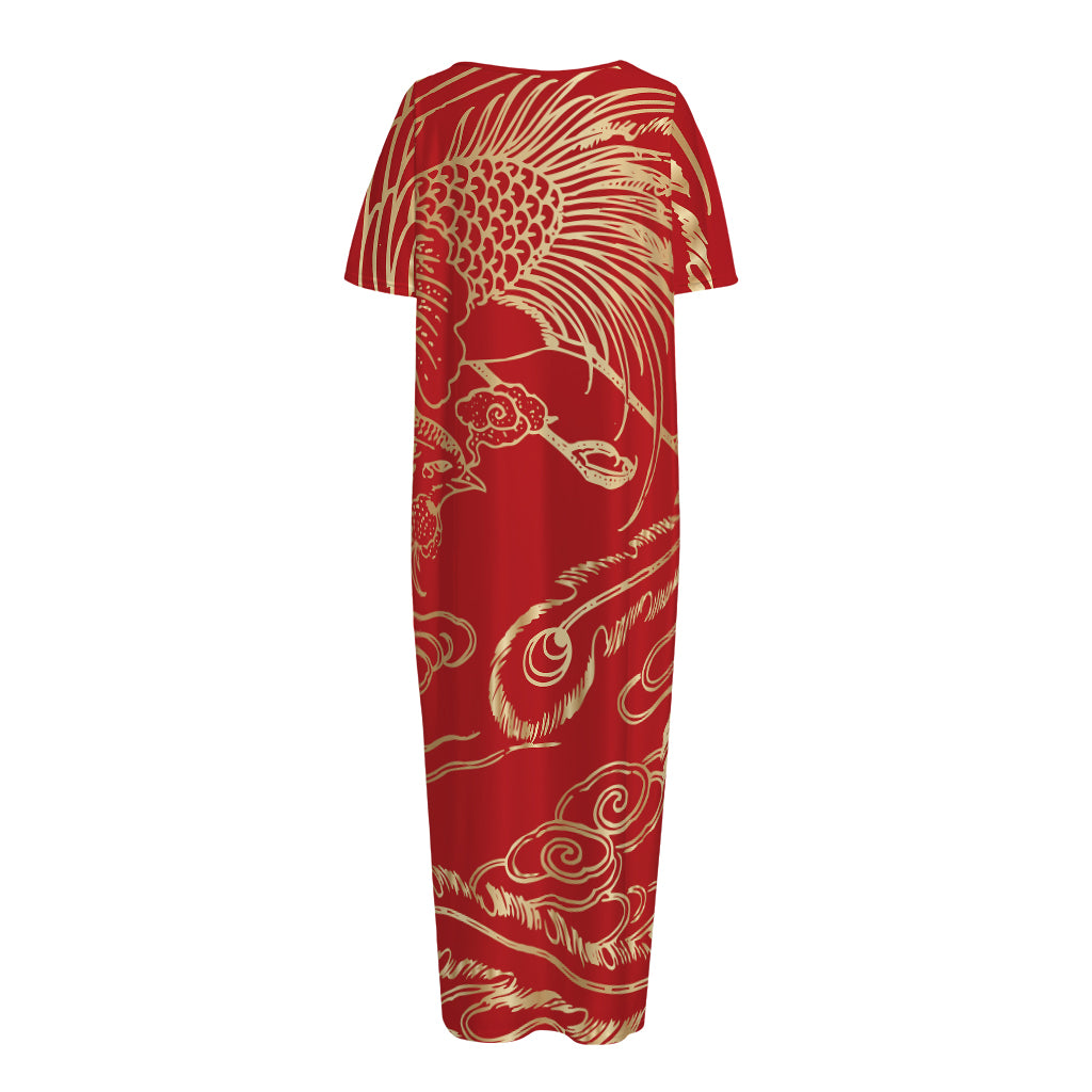 Chinese Phoenix Print Short Sleeve Long Nightdress
