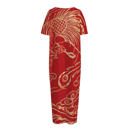 Chinese Phoenix Print Short Sleeve Long Nightdress
