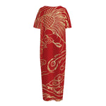 Chinese Phoenix Print Short Sleeve Long Nightdress