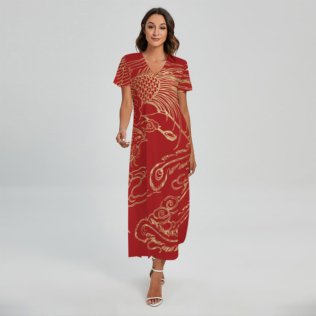 Chinese Phoenix Print Short Sleeve Maxi Dress