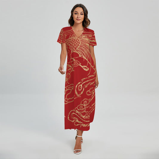 Chinese Phoenix Print Short Sleeve Maxi Dress