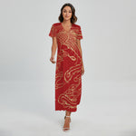 Chinese Phoenix Print Short Sleeve Maxi Dress