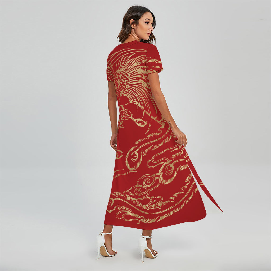 Chinese Phoenix Print Short Sleeve Maxi Dress