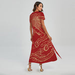Chinese Phoenix Print Short Sleeve Maxi Dress