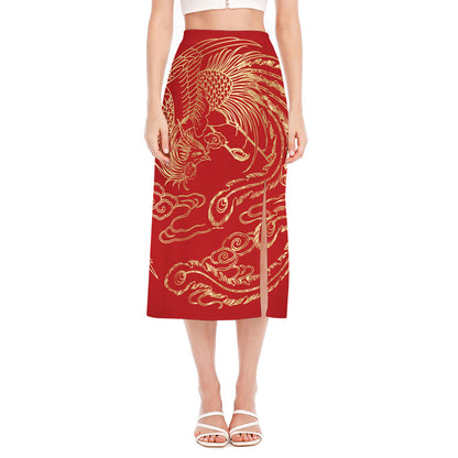 Chinese Phoenix Print Side Slit Midi Skirt
