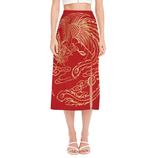 Chinese Phoenix Print Side Slit Midi Skirt