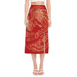 Chinese Phoenix Print Side Slit Midi Skirt