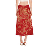 Chinese Phoenix Print Side Slit Midi Skirt