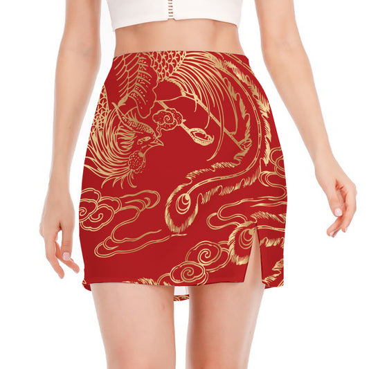 Chinese Phoenix Print Side Slit Mini Skirt