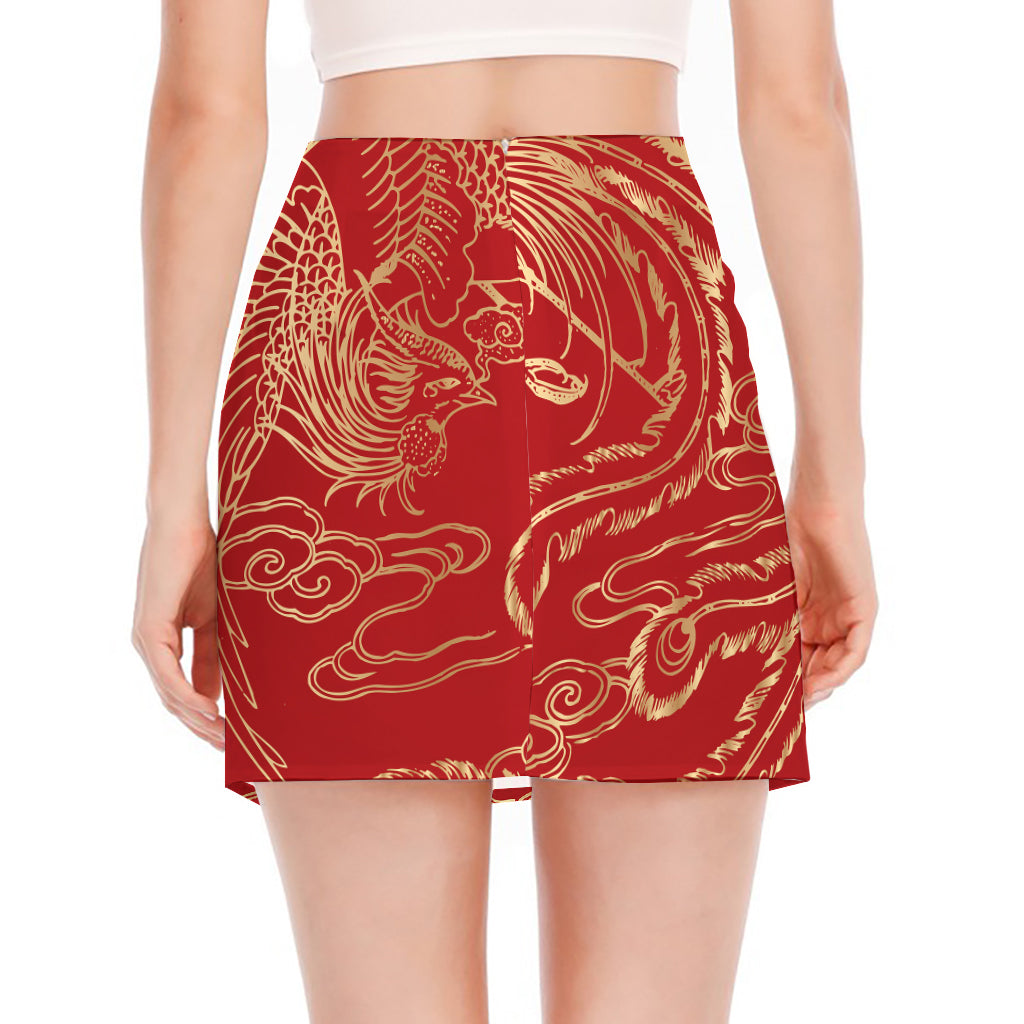 Chinese Phoenix Print Side Slit Mini Skirt