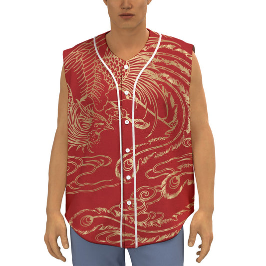 Chinese Phoenix Print Sleeveless Baseball Jersey