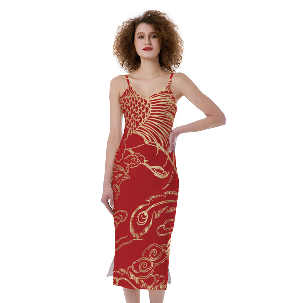 Chinese Phoenix Print Slim Fit Midi Cami Dress